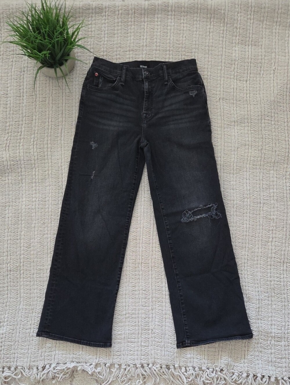 Hudson Jeans Black Distressed Wide-Leg Jeans